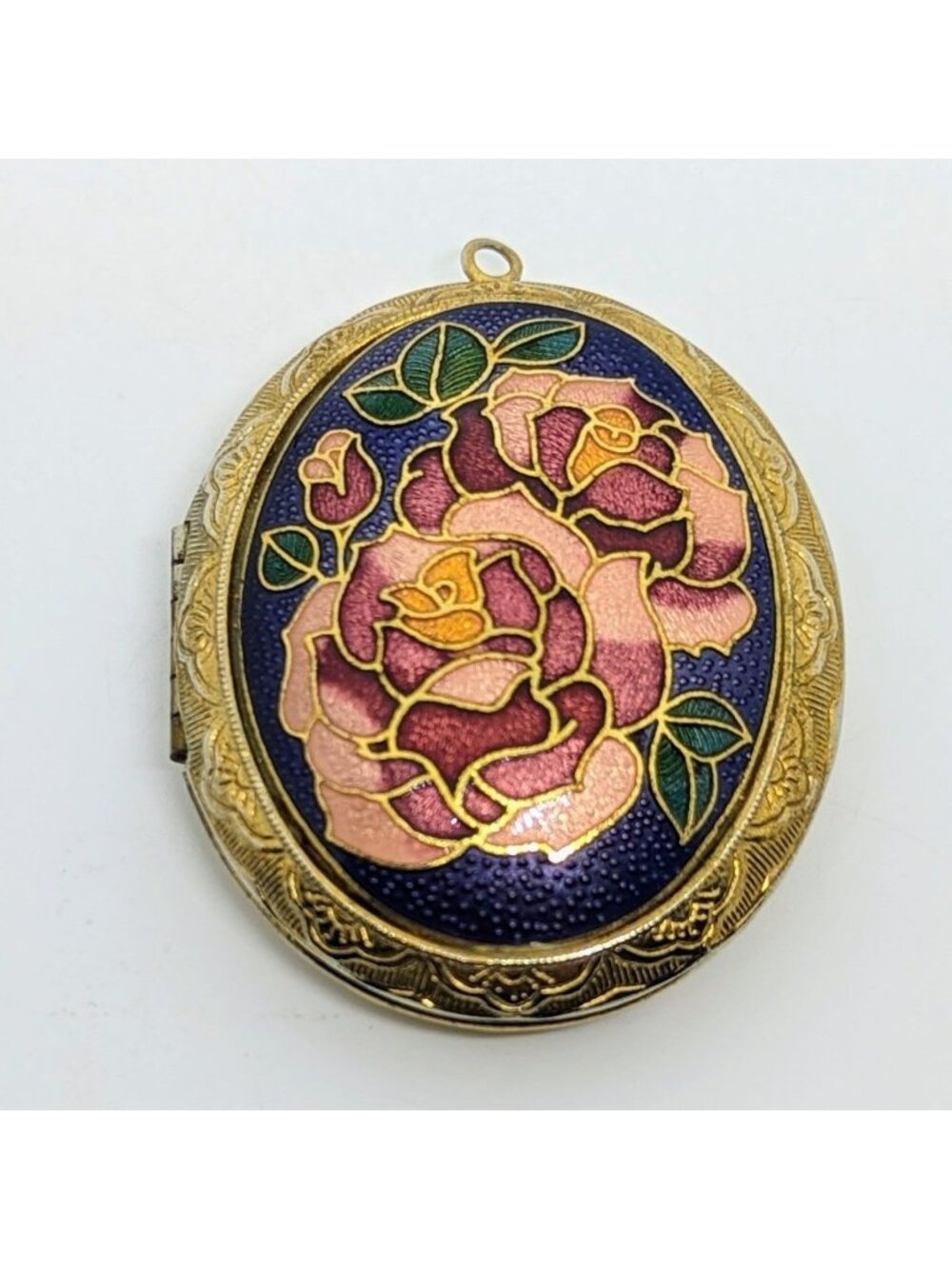 Vintage Cloisonne Oval Rose Locket Pendant Floral Gold Tone 70s 80s